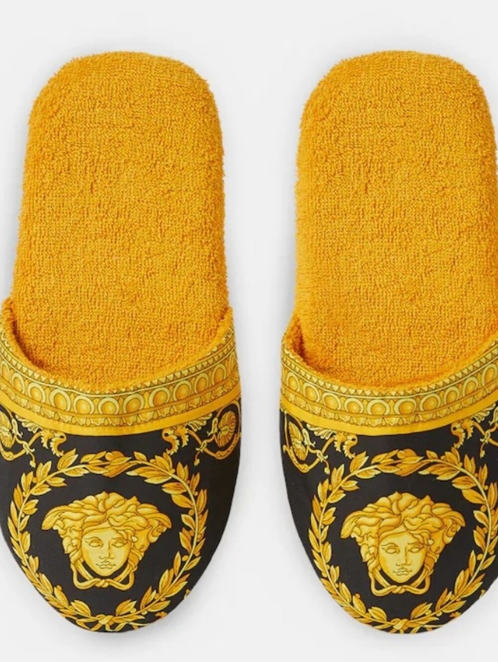 Versace* *AUTHENTIC* Baroque-Print Slide Slippers in Gold/Yellow & Black
